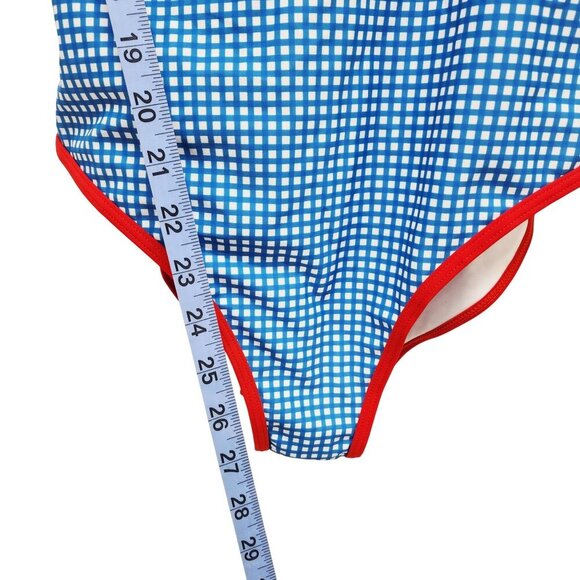 Blue & White Gingham One-Piece Swimsuit With Red Trim Size L - Picture 7 of 9
